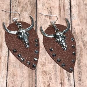Brown Faux-Leather Steer Skull Charm Earrings